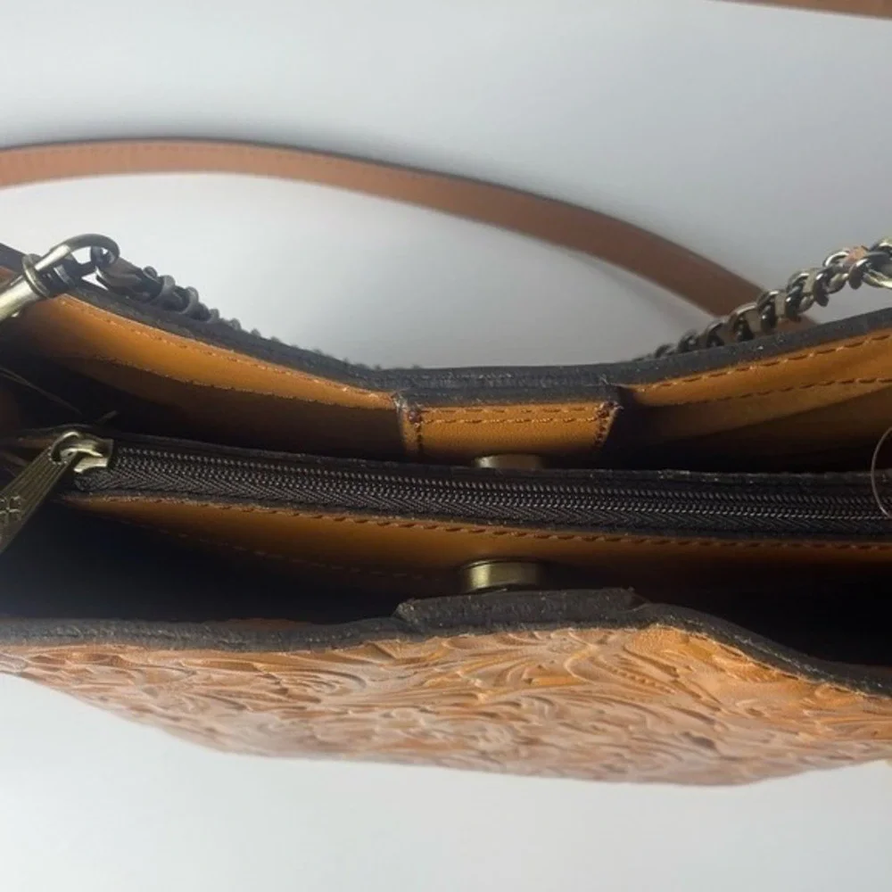 Patricia Nash Tan Tooled Leather Floral Crossbody Bag with Chain Handle